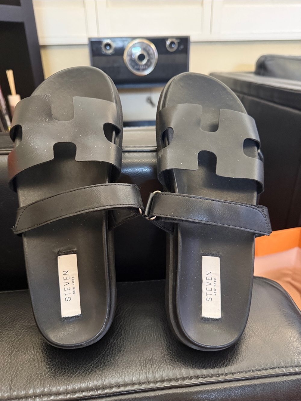 Steven By Steve Madden Black Leather Slide Sandals